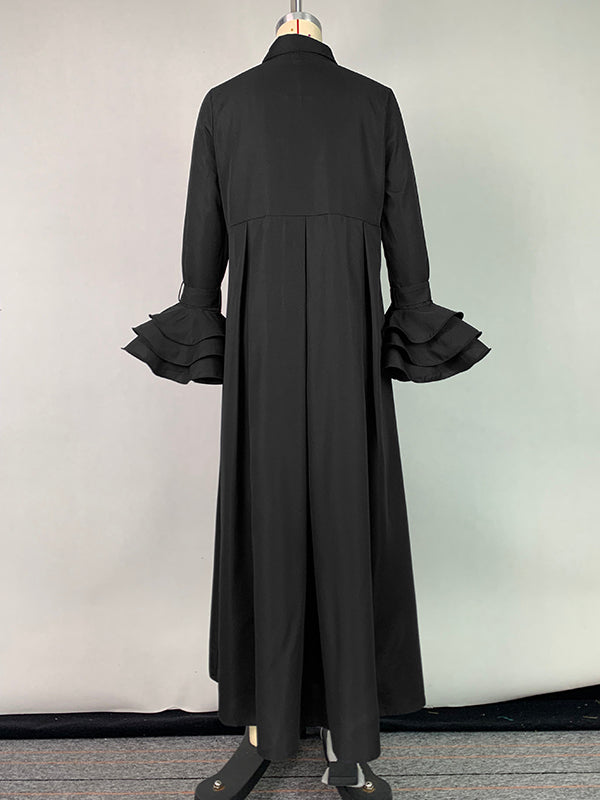 Collared Ruffled Pleated Maxi Loose Flared Dress