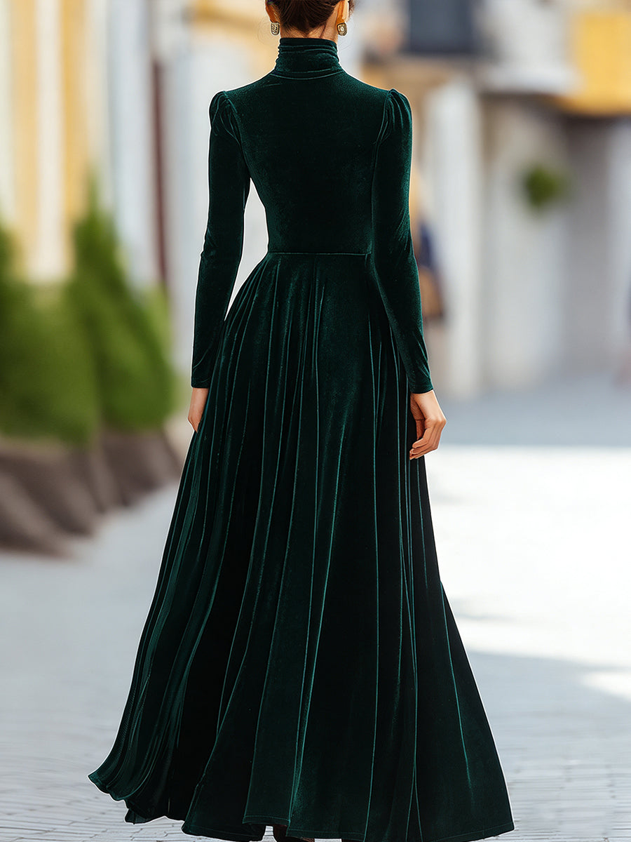 High Waist Pleated Mock Neck Longline Dress