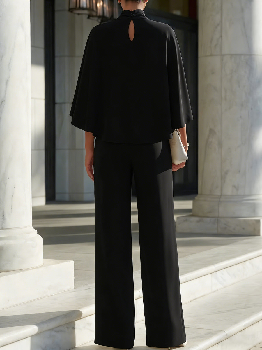 Cape Sleeve High Neck Blouse & Slit Wide Leg Trousers Set