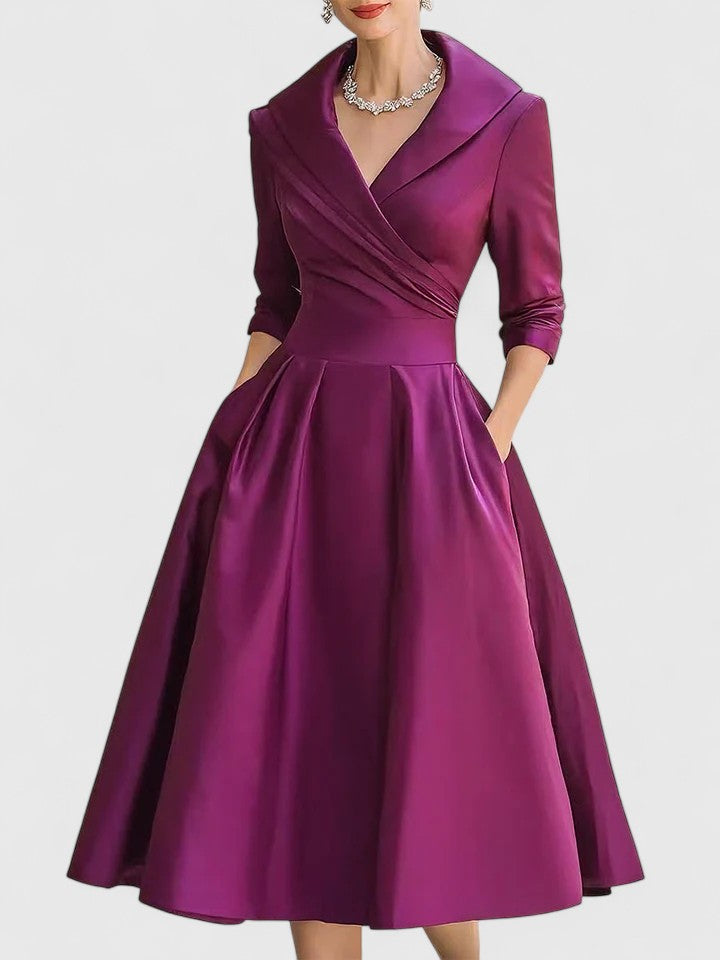 Folded Wrapped Banded Pleated Flared Midi Dress