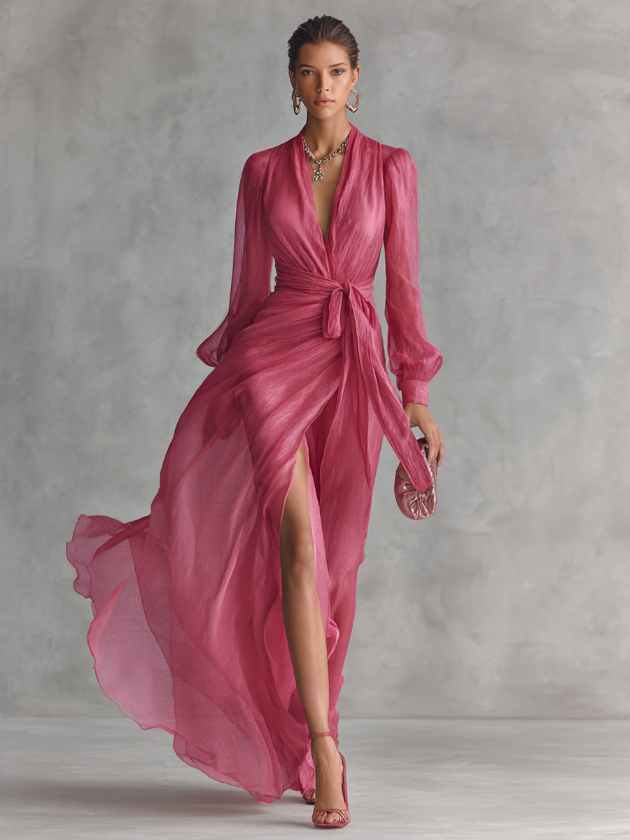 Cuffed Long Sleeve Plunging Neckline Floor Length Dress
