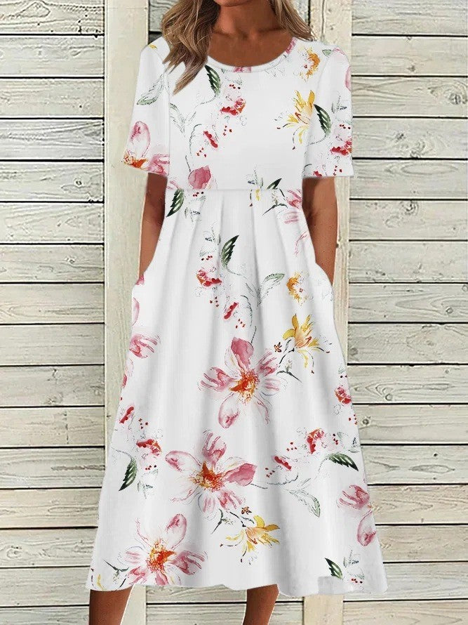 Floral Printed Rounded Gathered Flared Dress