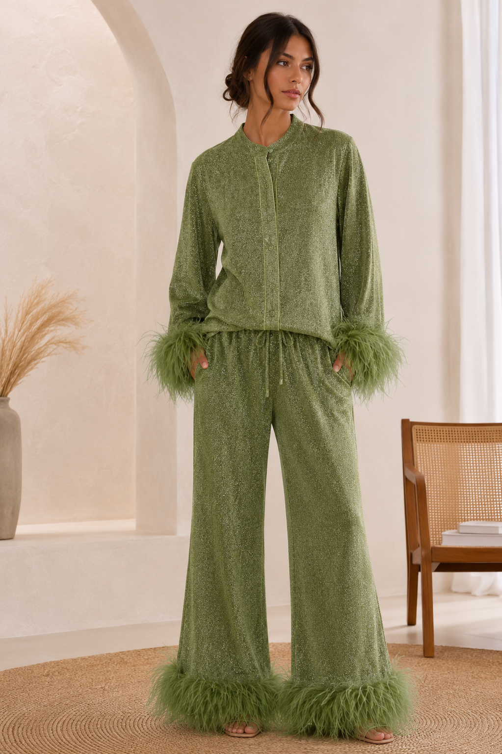 Collared Button Front Feather Cuff Loungewear Set For Women