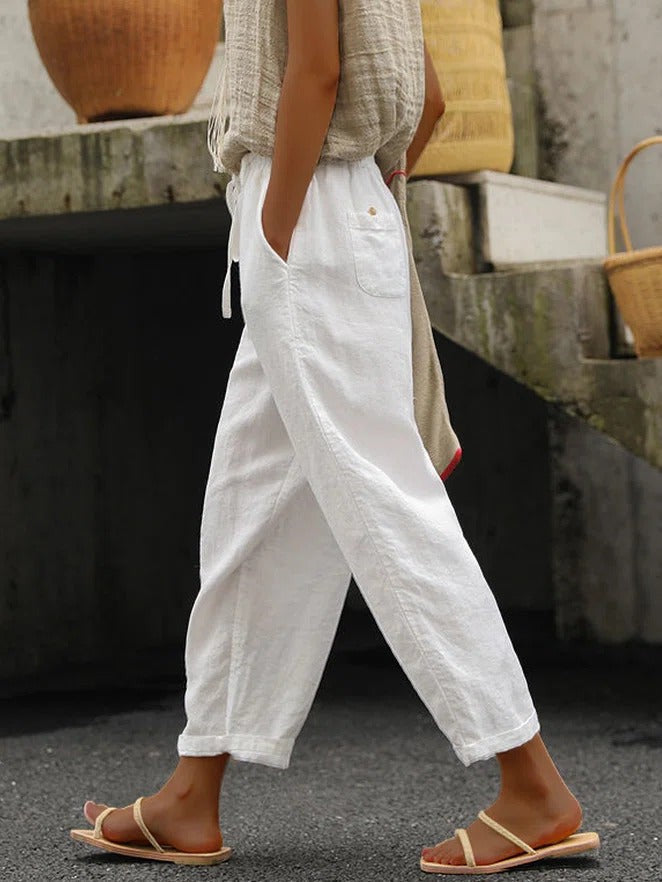 Tied Gathered Pocketed Cropped Cuffed Loose Trousers