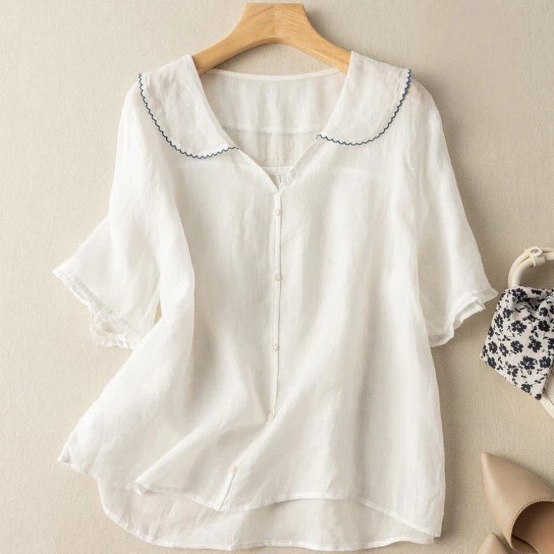 Ruffled Short Sleeve V Neck Blouse