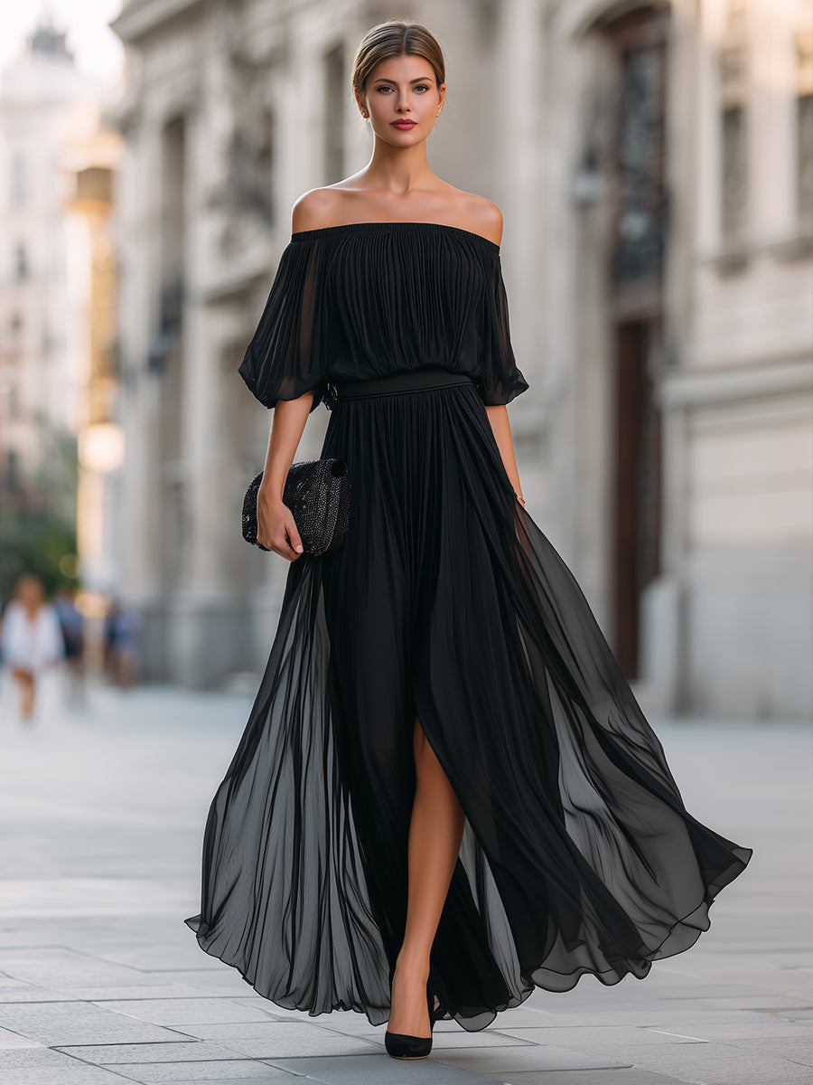 Off Shoulder Balloon Sleeve Pleated Dress