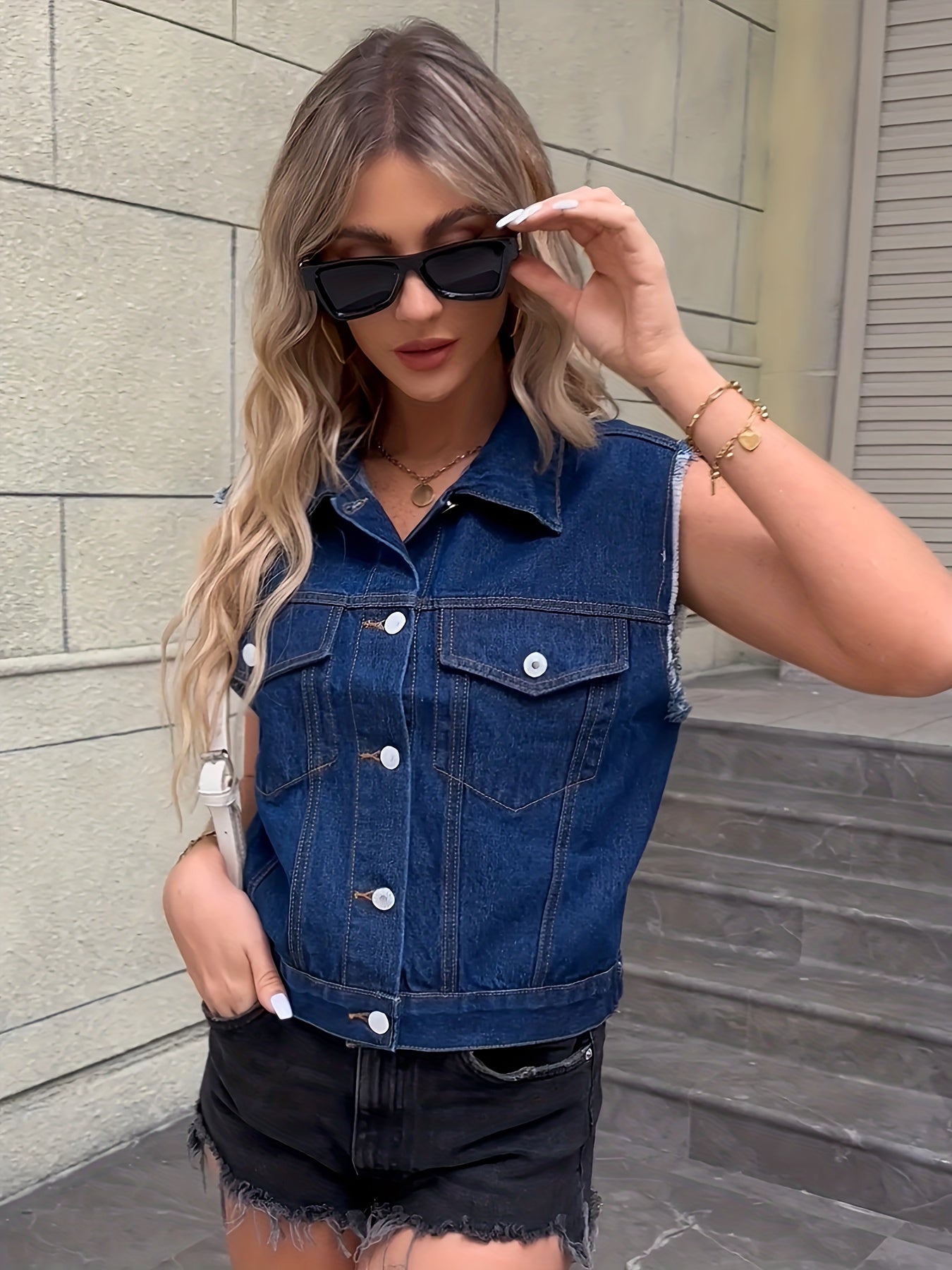 Sleeveless Cropped Buttoned Collared Pocketed Frayed Jacket