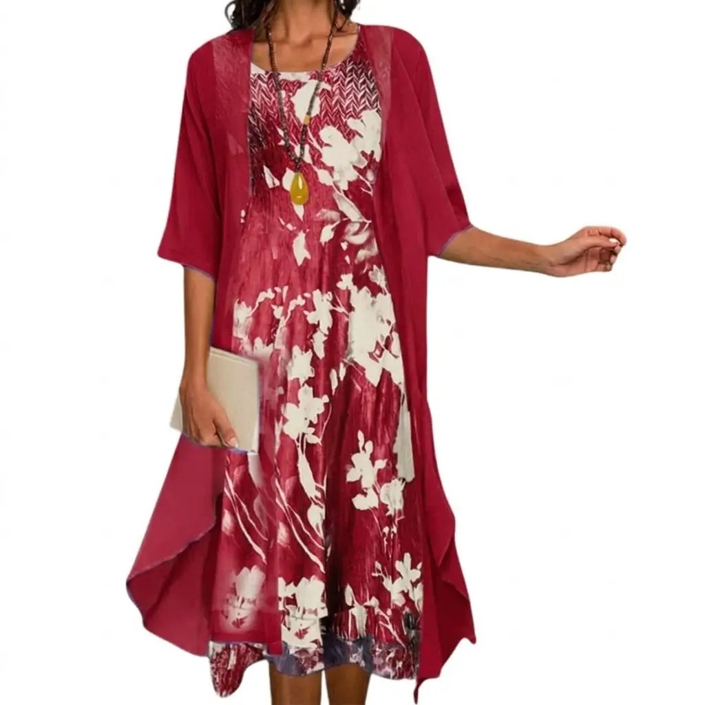 Printed Boat Neck Layered Drape Midi Set