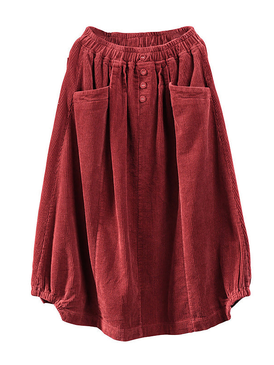 Long Wide Loose Pleated Buttoned Pocketed Skirt