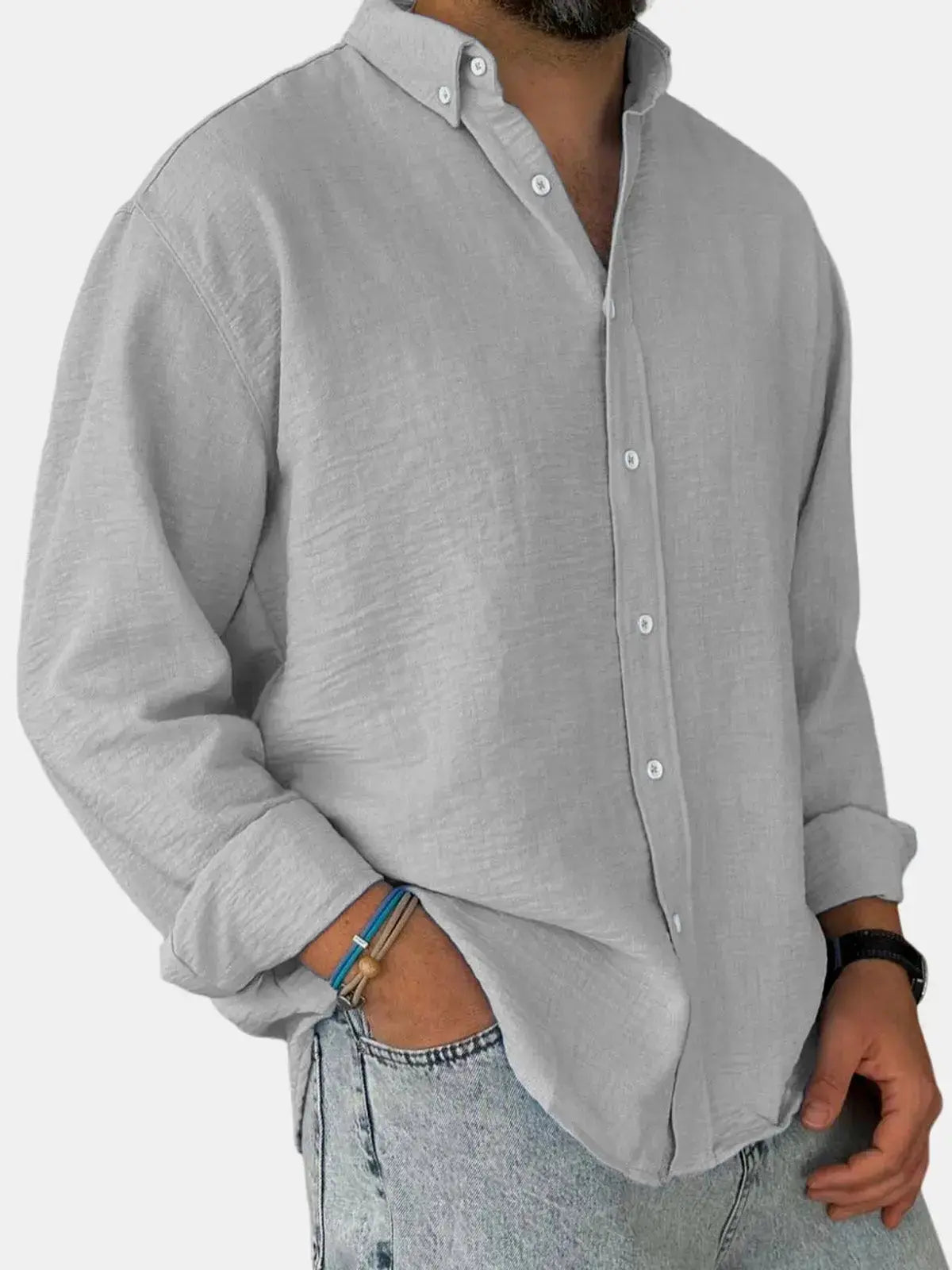 Collared Buttoned Cuffed Textured Curved Plain Shirt