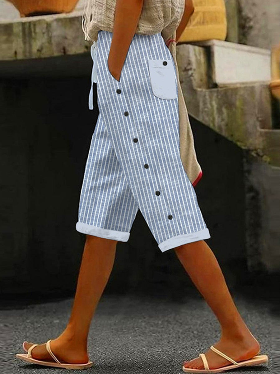 Striped Buttoned Cuffed Tied Pocketed Relaxed Shorts