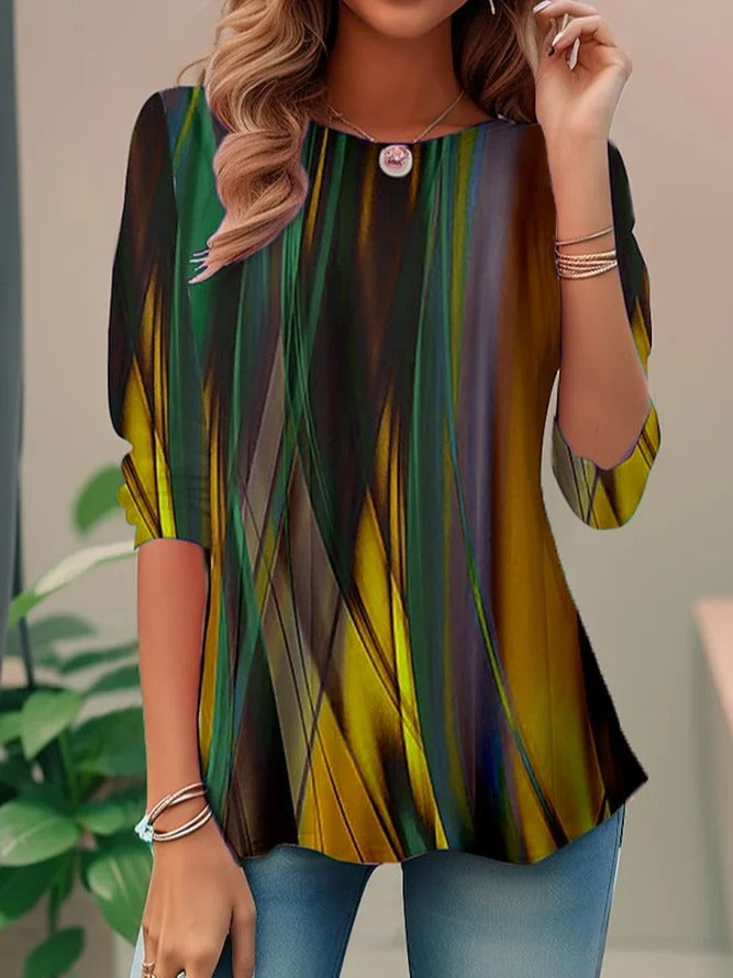 Patterned Vertical Striped Rounded Sleeved Flared Top