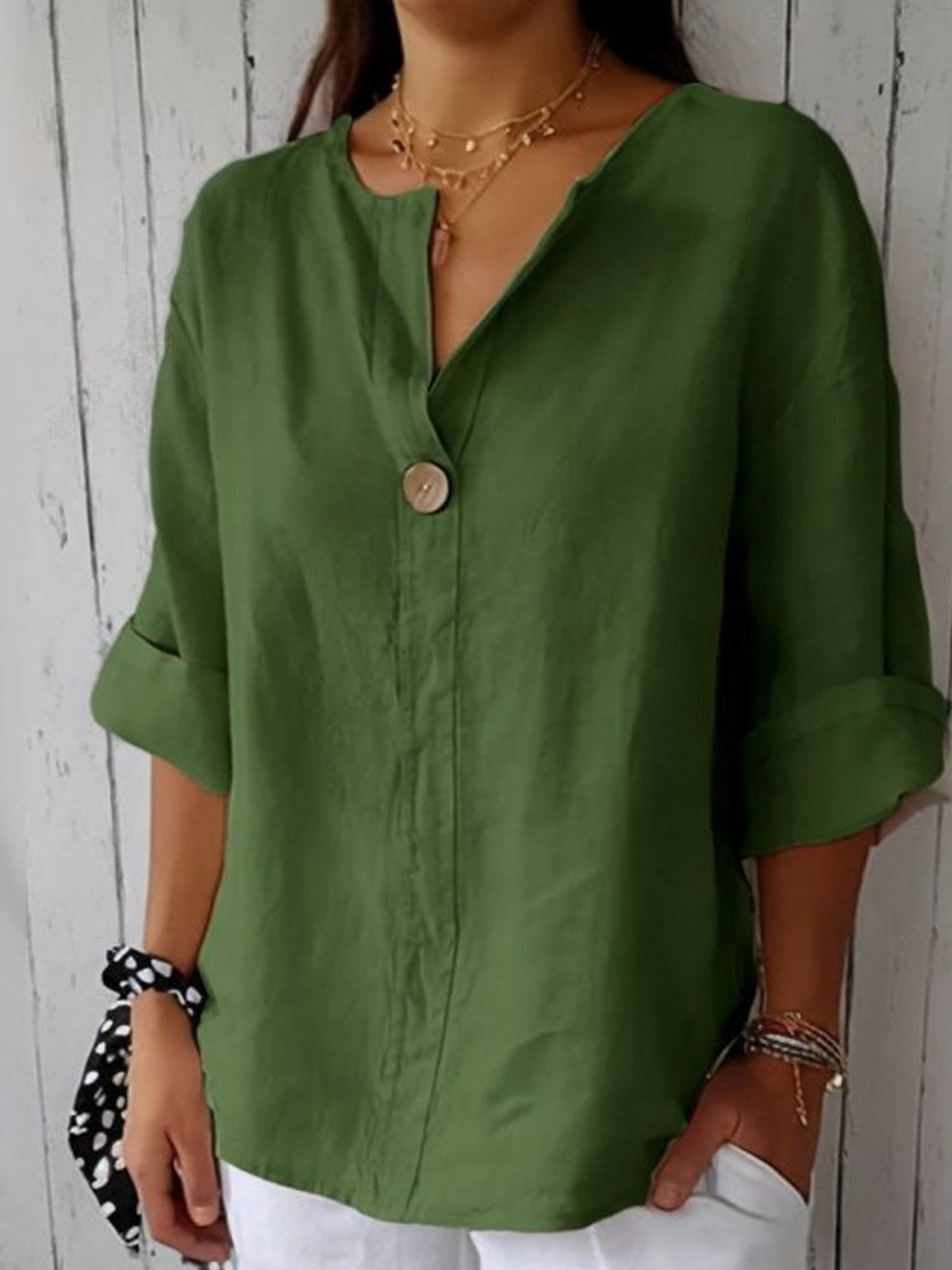 Buttoned Notched Rolled Dropped Loose Solid Blouse