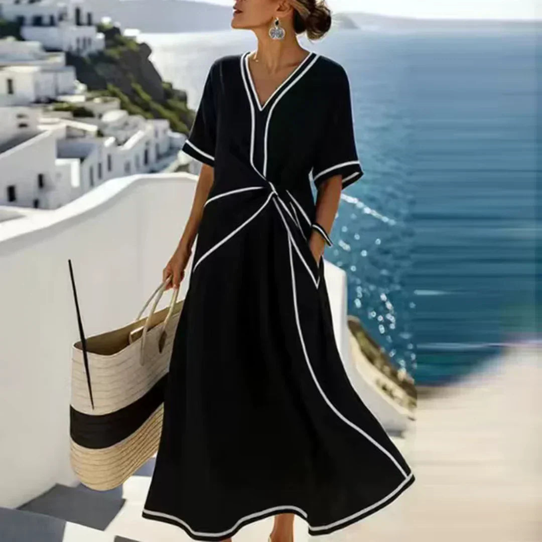 V-Neck Piped Dress Pocketed
