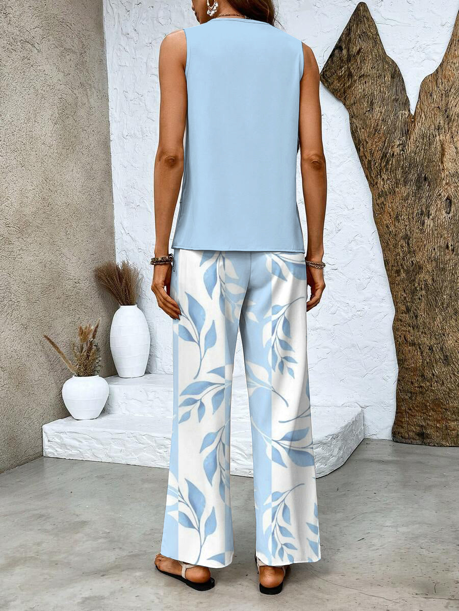 Square Neck Sleeveless Top Layered Wide Leg Trouser Set
