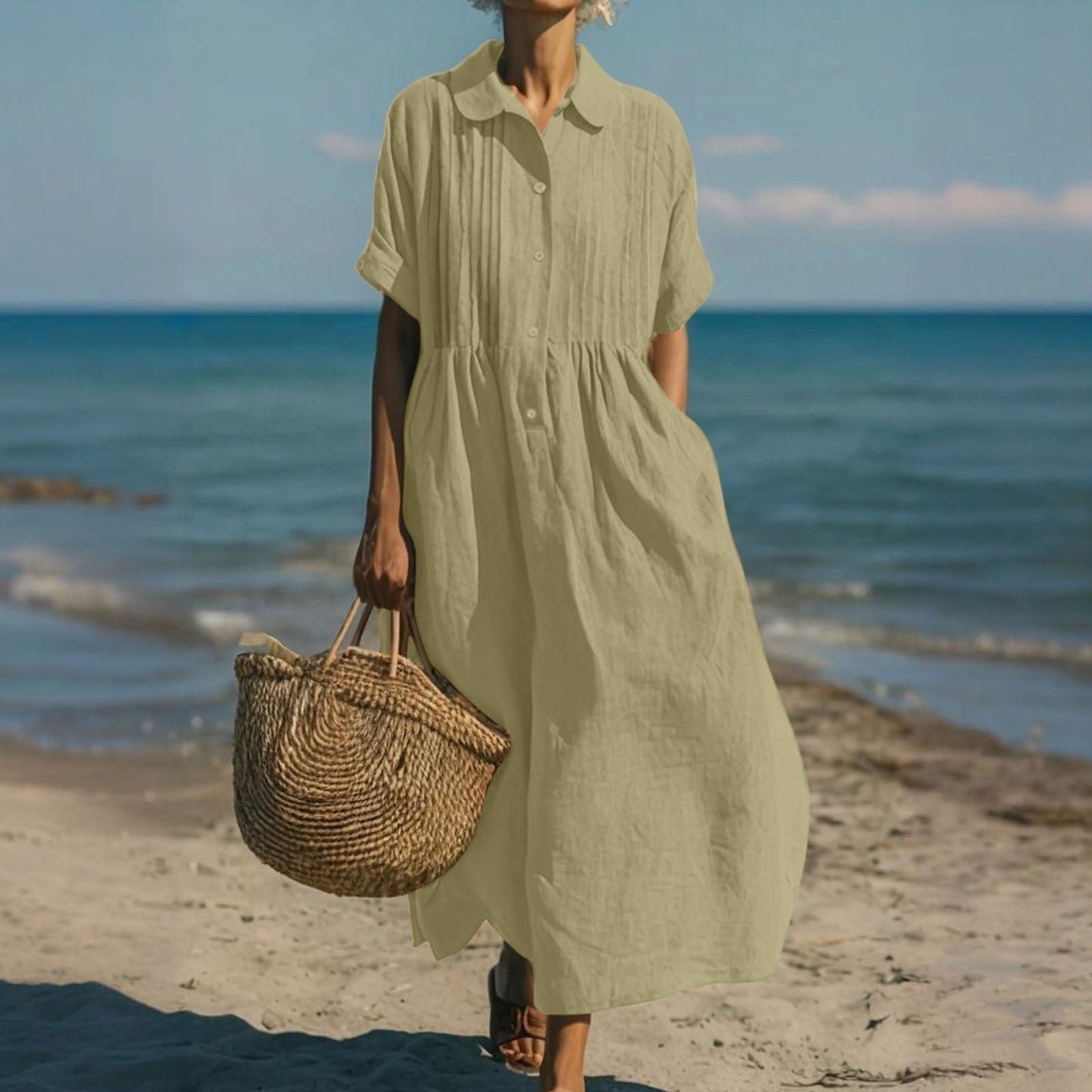 Collared Buttoned Pleated Gathered Loose Maxi Dress