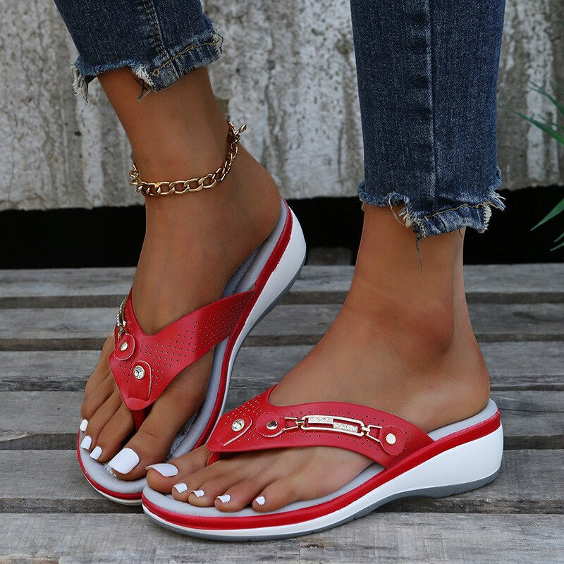 Open Backless Thong Wedge Perforated Grooved Sandals
