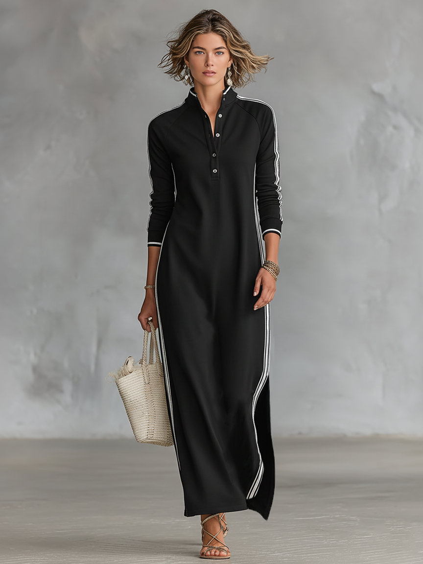 Mock Neck Ribbed Trim Straight Column Maxi Dress