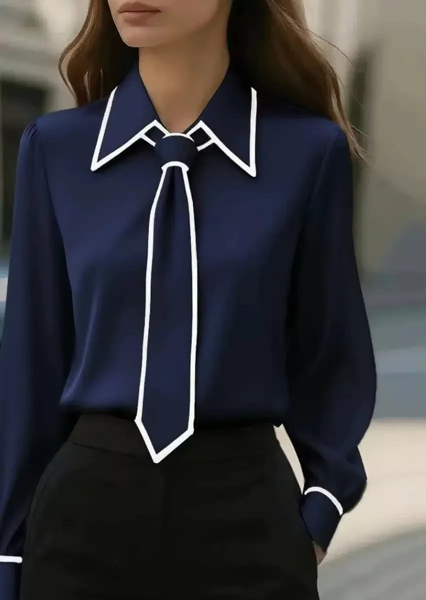 Contrast Trim Collared Tie Neck Blouse