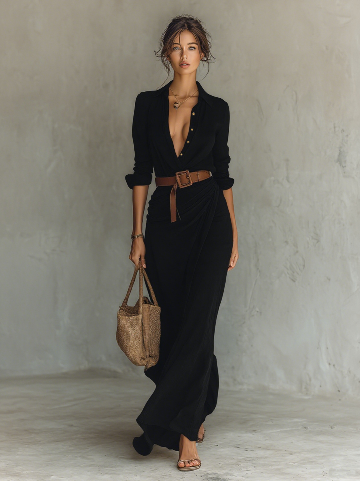 Ruched Collared Maxi Wrap Dress