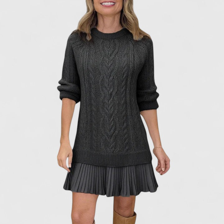 Crew Neck Long Sleeve Cable Knit Mini Sweater Dress