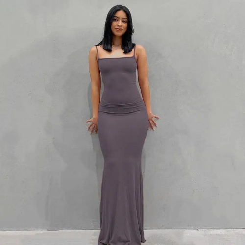 Square Neck Spaghetti Strap Fitted Maxi Dress