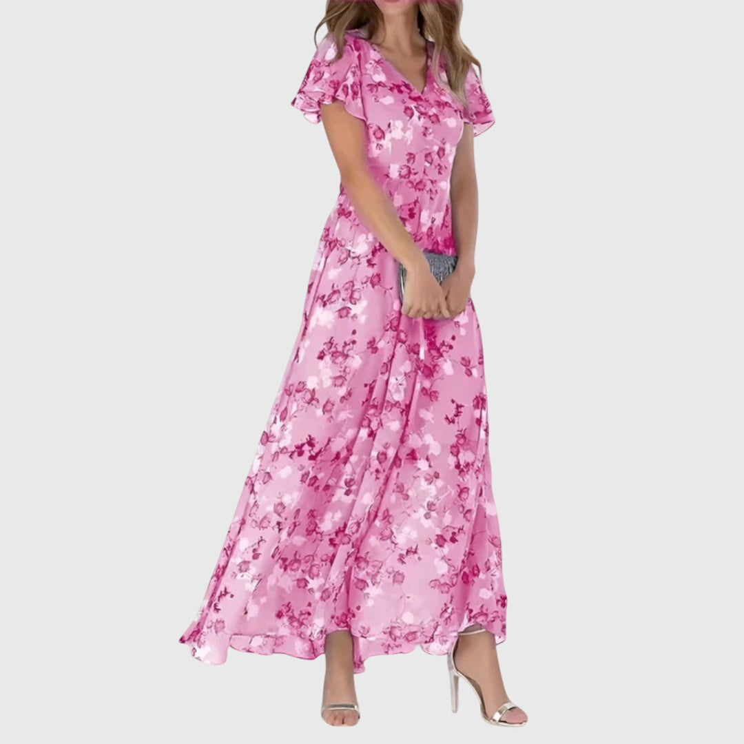 Flutter Sleeve V Neck Floral Print High Waist Dress Maxi