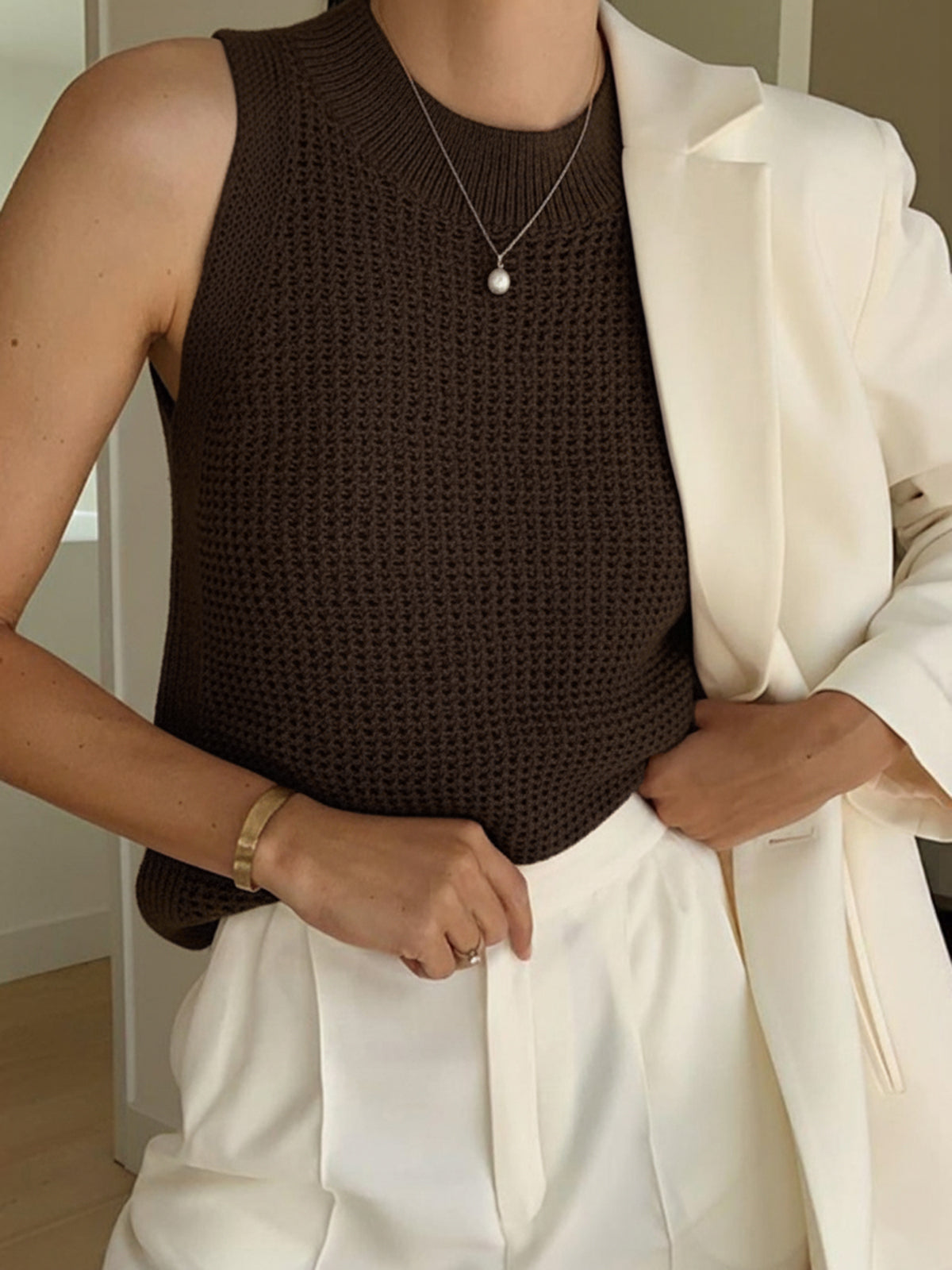 Open Knit Sleeveless Side Slit Crew Neck Top
