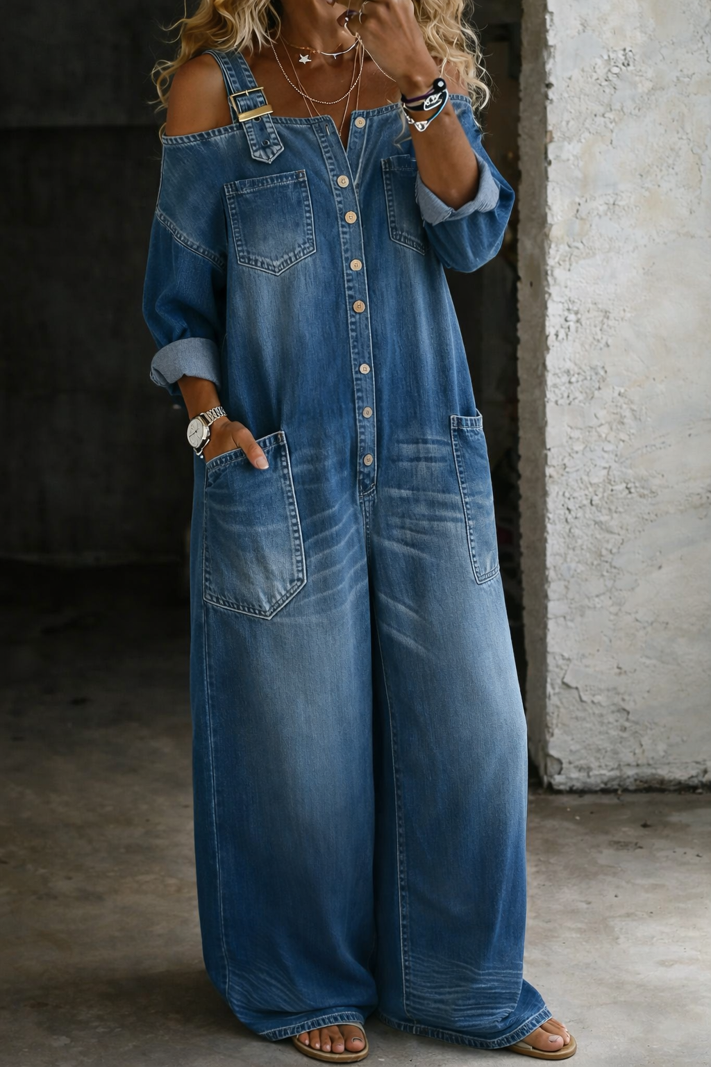 Off Shoulder Button Front Pocket Detail Wide Leg Jumpsuit