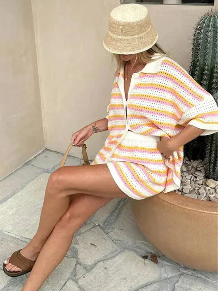 Striped Button Up Short Sleeve Shorts Set