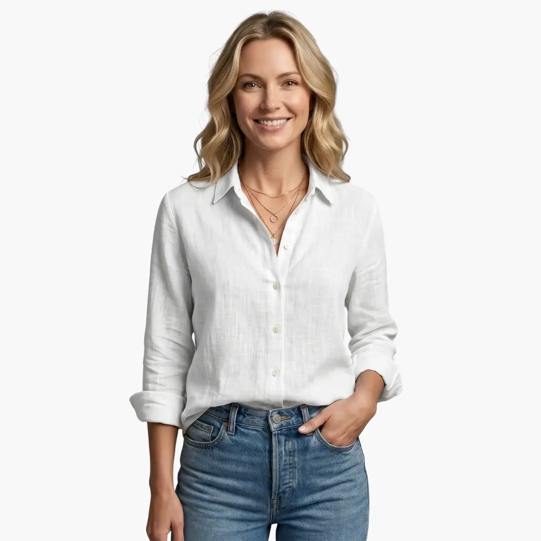 Collared Buttoned Long Sleeved Slubbed Straight Blouse