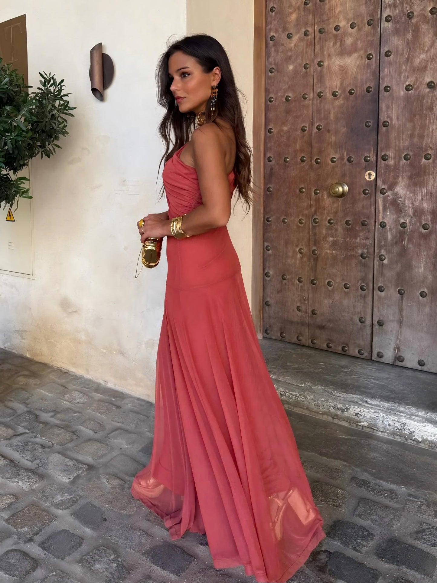 Off Shoulder Ruched Foldover Maxi Dress