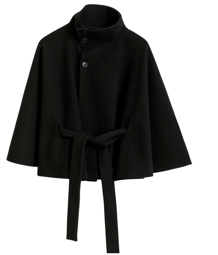 Belted High Collar Cape Sleeve Coat For Women
