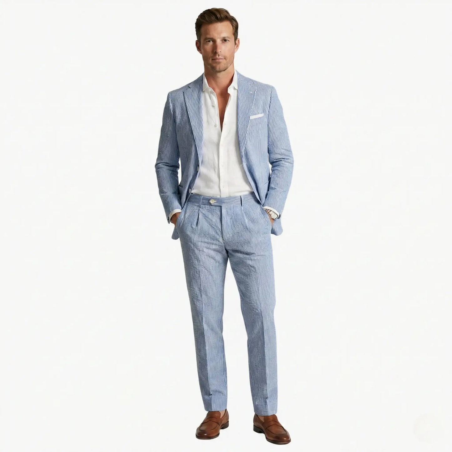 Vertical Striped Notched Lapel Slim Suit Set