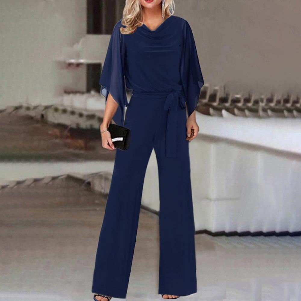 Draped Belted Open Wide Long Fitted Jumpsuit