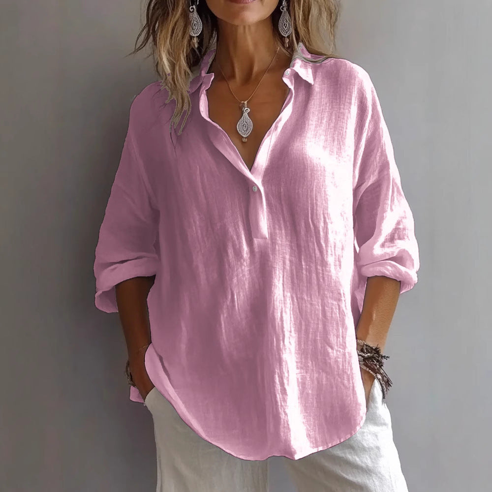 Collared Loose Curved Textured Buttoned Rolled Shirt