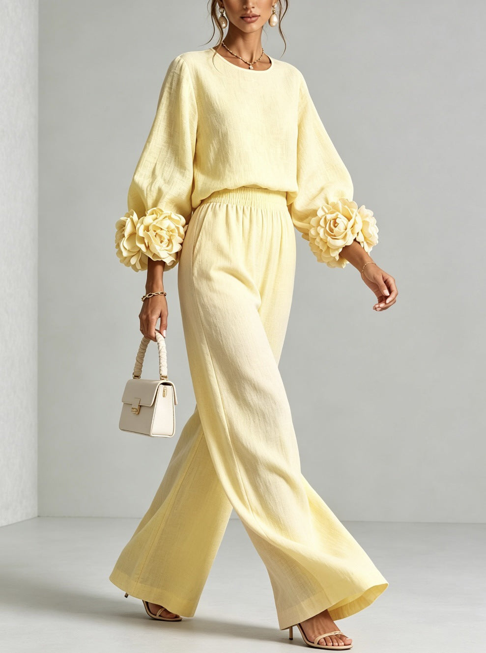 Women's Crew Neck Floral Cuff Wide Leg Two-Piece Pants Set
