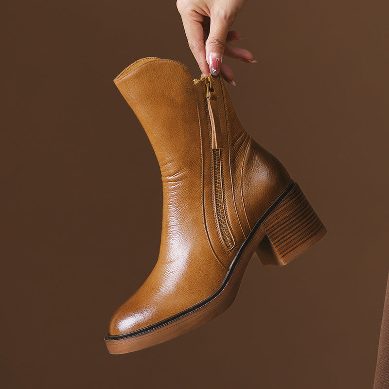Round Toe Side Zipper Block Heel Ankle Boots