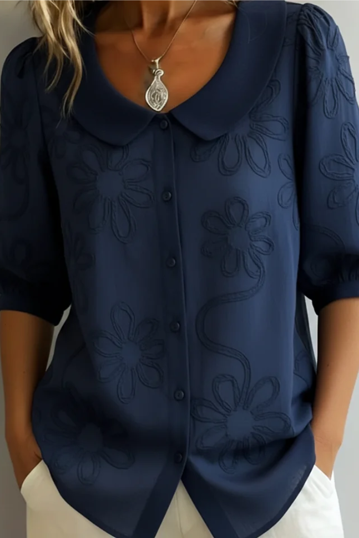 Button Front Short Puff Sleeve Blouse