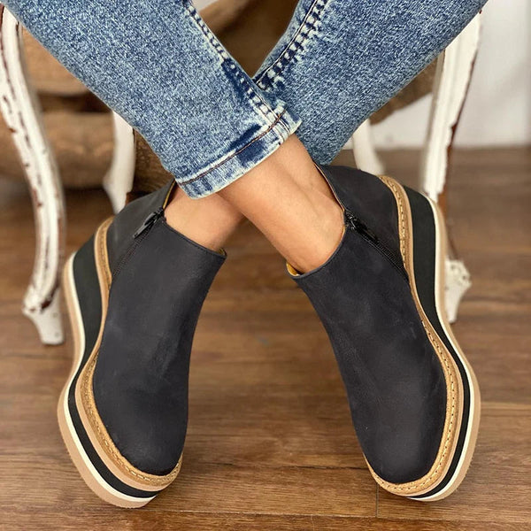 Round Toe Side Zip Wedge Boots