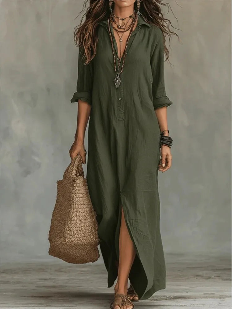 Collared Buttoned Loose Front Slit Dress