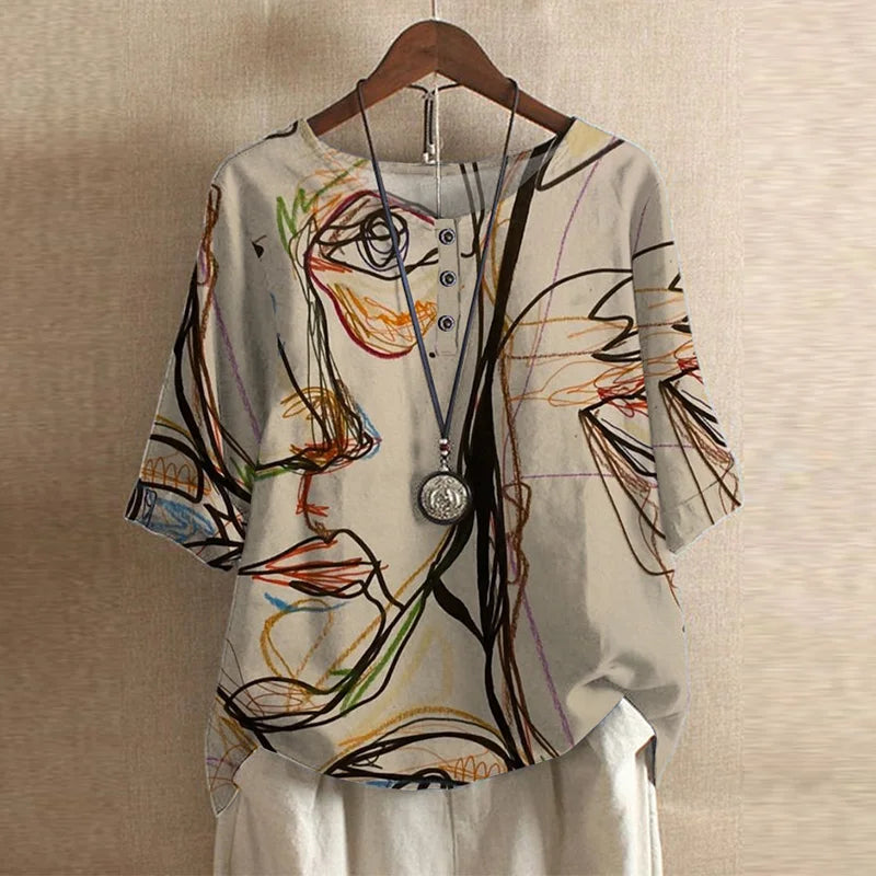 Graphic Crew Neck Curved Hem Medium Sleeve Blouse