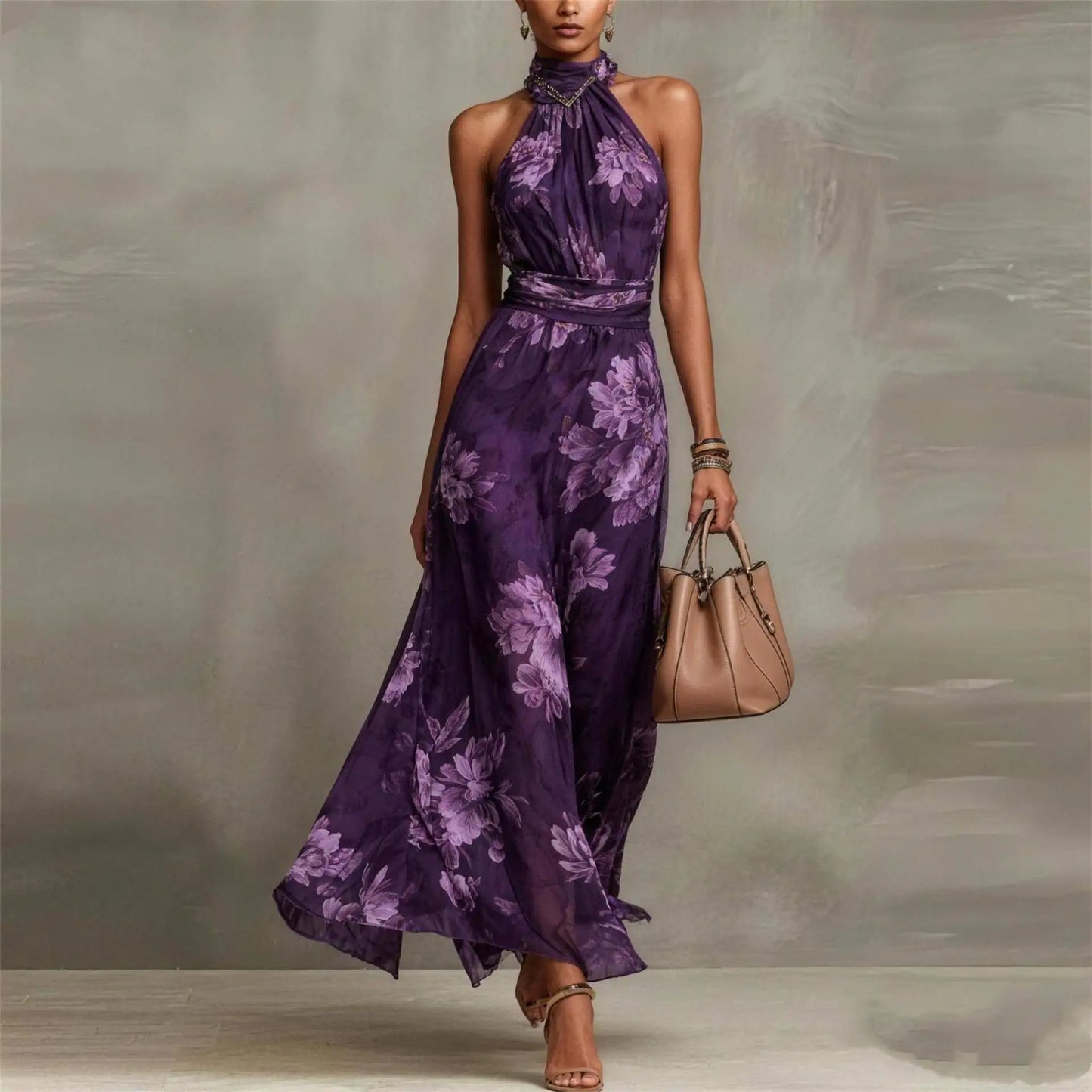 Pleated Sleeveless Fitted Draped Maxi Dress