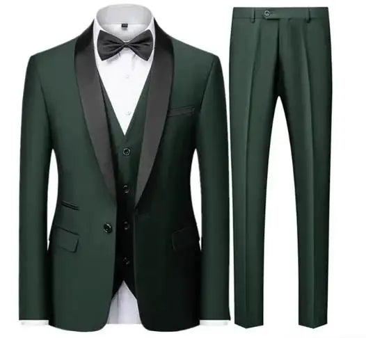 Slim Solid Satin Lapel V Neck Tailored Three Piece Set Suit