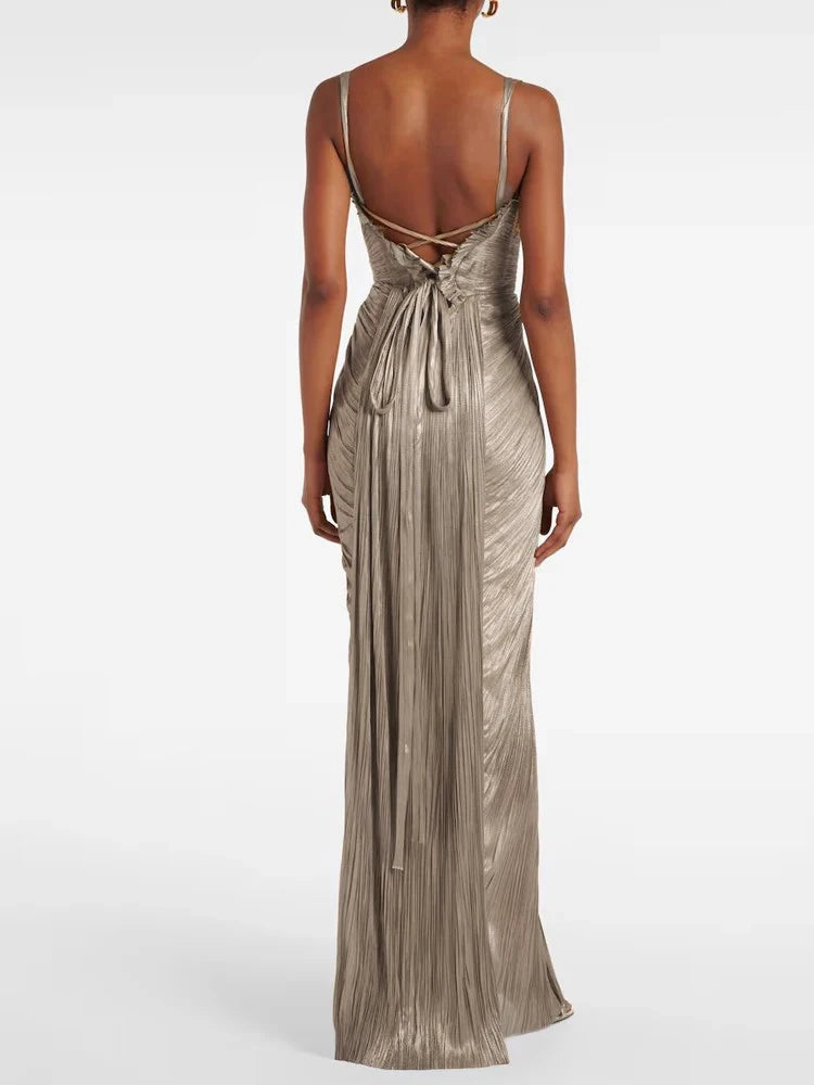 Strappy Backless Corseted Buttoned Pleated Maxi Dress