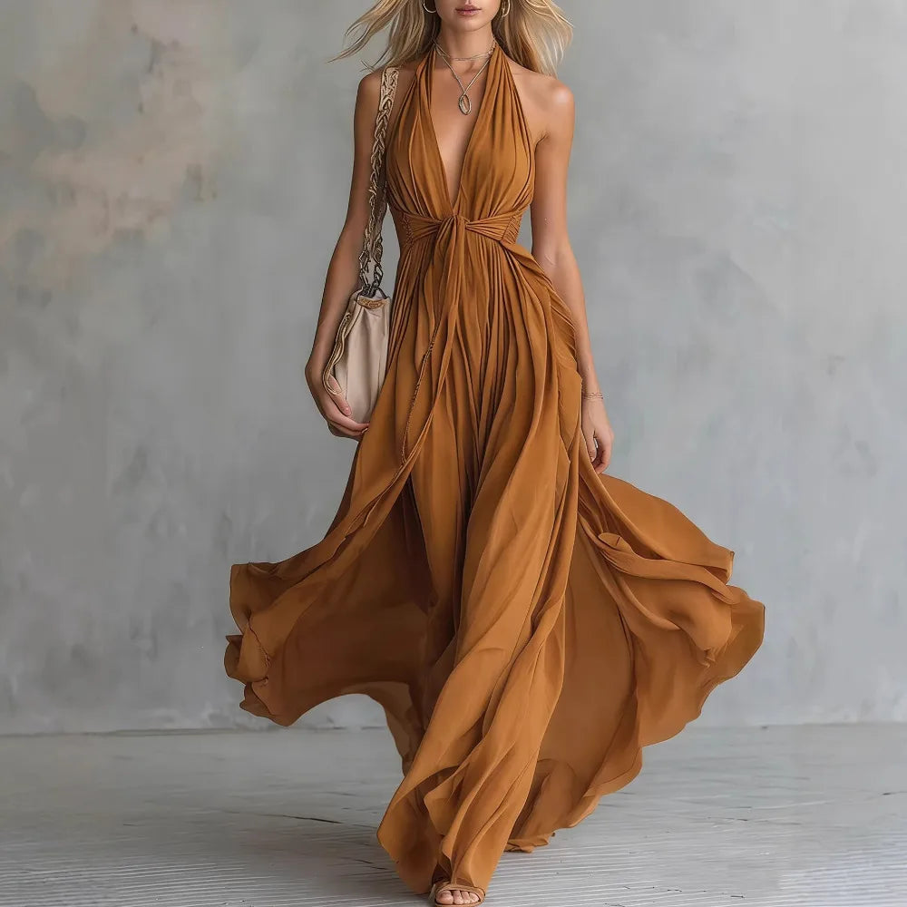 Halter Plunging Pleated Knotted Flared Dress