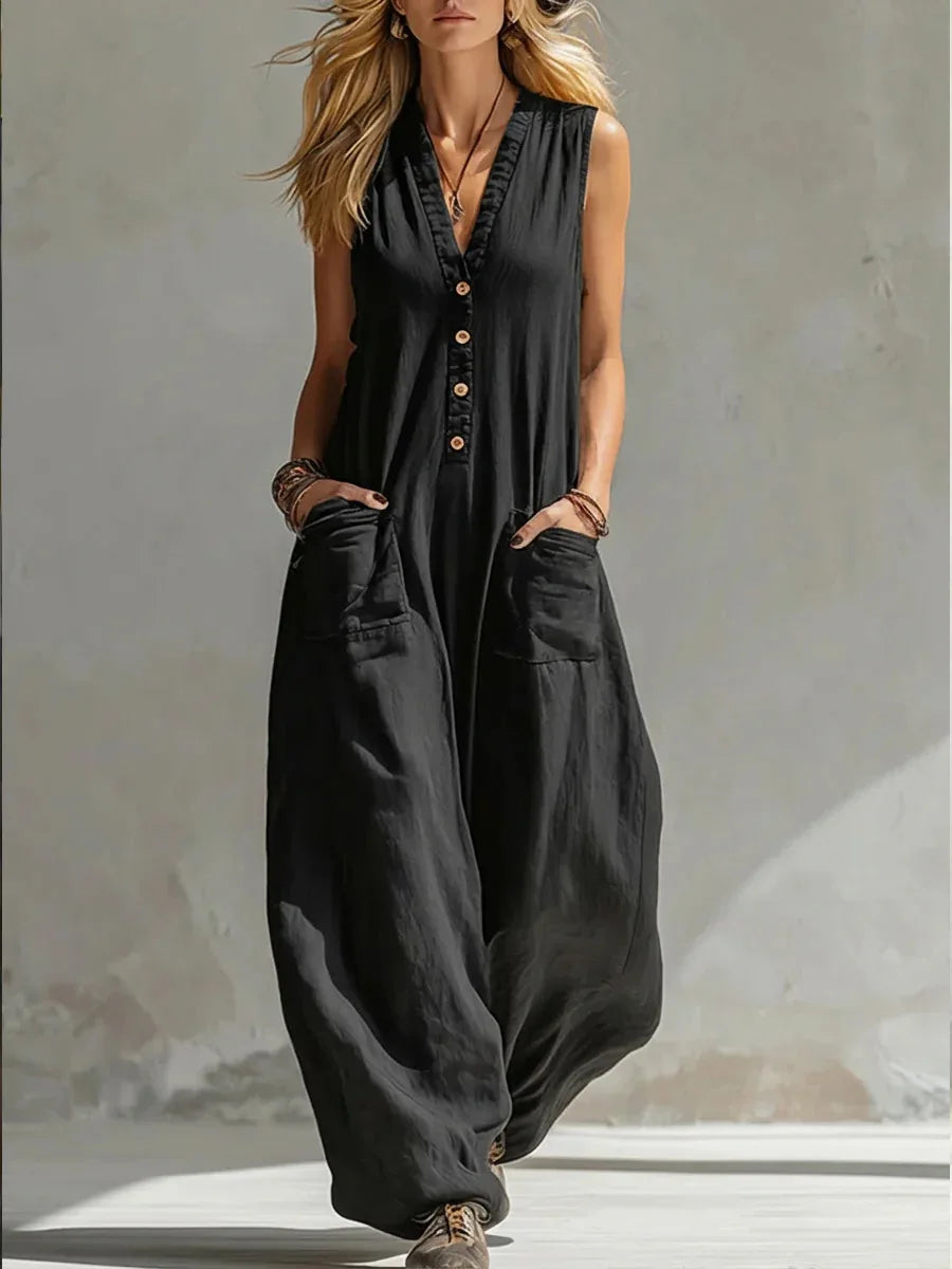 Sleeveless Buttoned Pocketed Relaxed Wide Long Jumpsuit