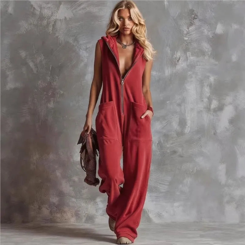 Hooded Zippered Sleeveless Plunging Pocketed Wide Jumpsuit