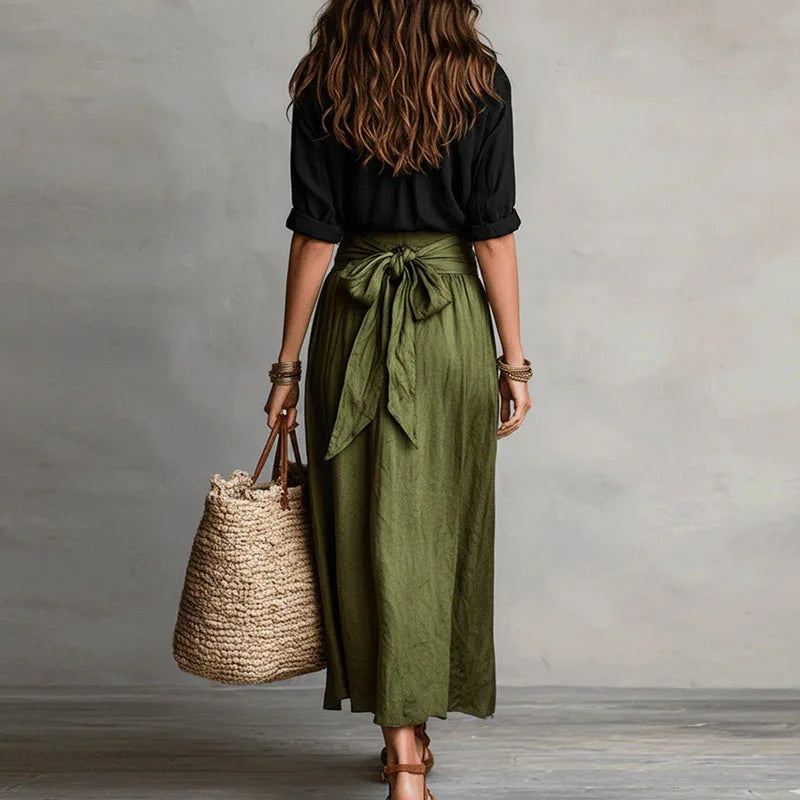Collared Buttoned Pocketed Tied Gathered Maxi Set