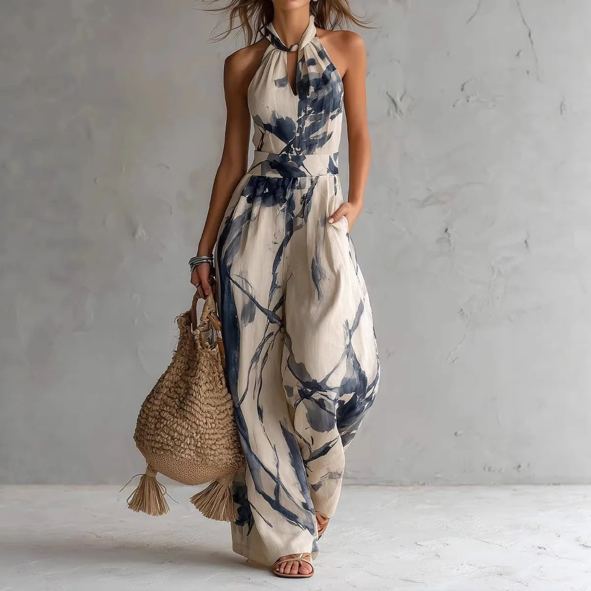 Halter Keyhole Sleeveless Wide Leg Jumpsuit
